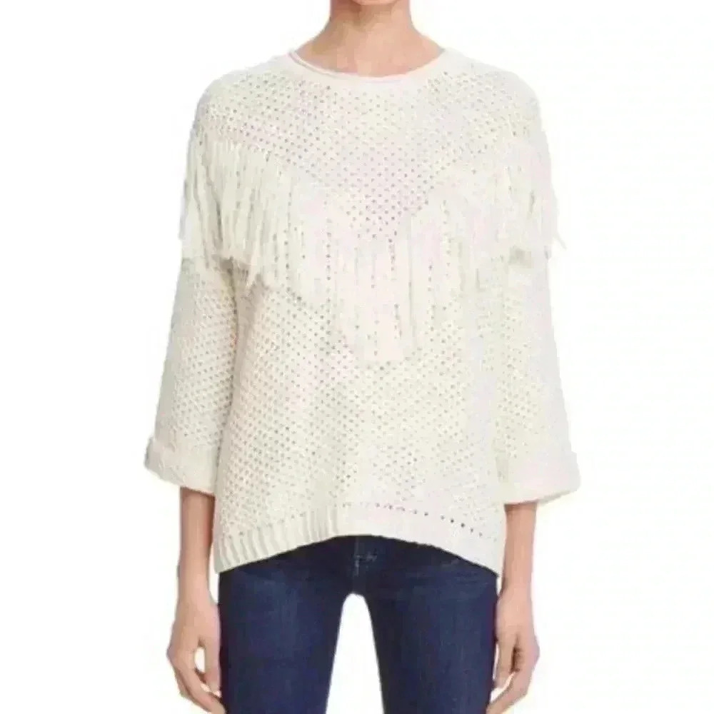 PPLA Creme Crochet 3/4‎ Sleeve 100% Cotton Loose Knit Cropped Sweater Size S